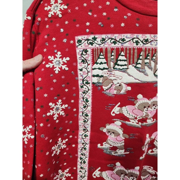 Vintage 80's Red Christmas Holiday Sweatshirt Skating Bears Winter Puff Paint LG - Picture 6 of 8